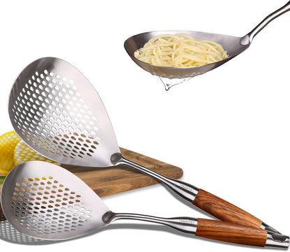 Skimmer Slotted Spoon Set of 4 - Kitchen Pasta Strainer Spoon - Spider Strainer Skimmer Ladle Spoon with Holder for Cooking and Frying Food, Spaghetti, Vegetable, Dumpling - 14.8In,16.5In,17In