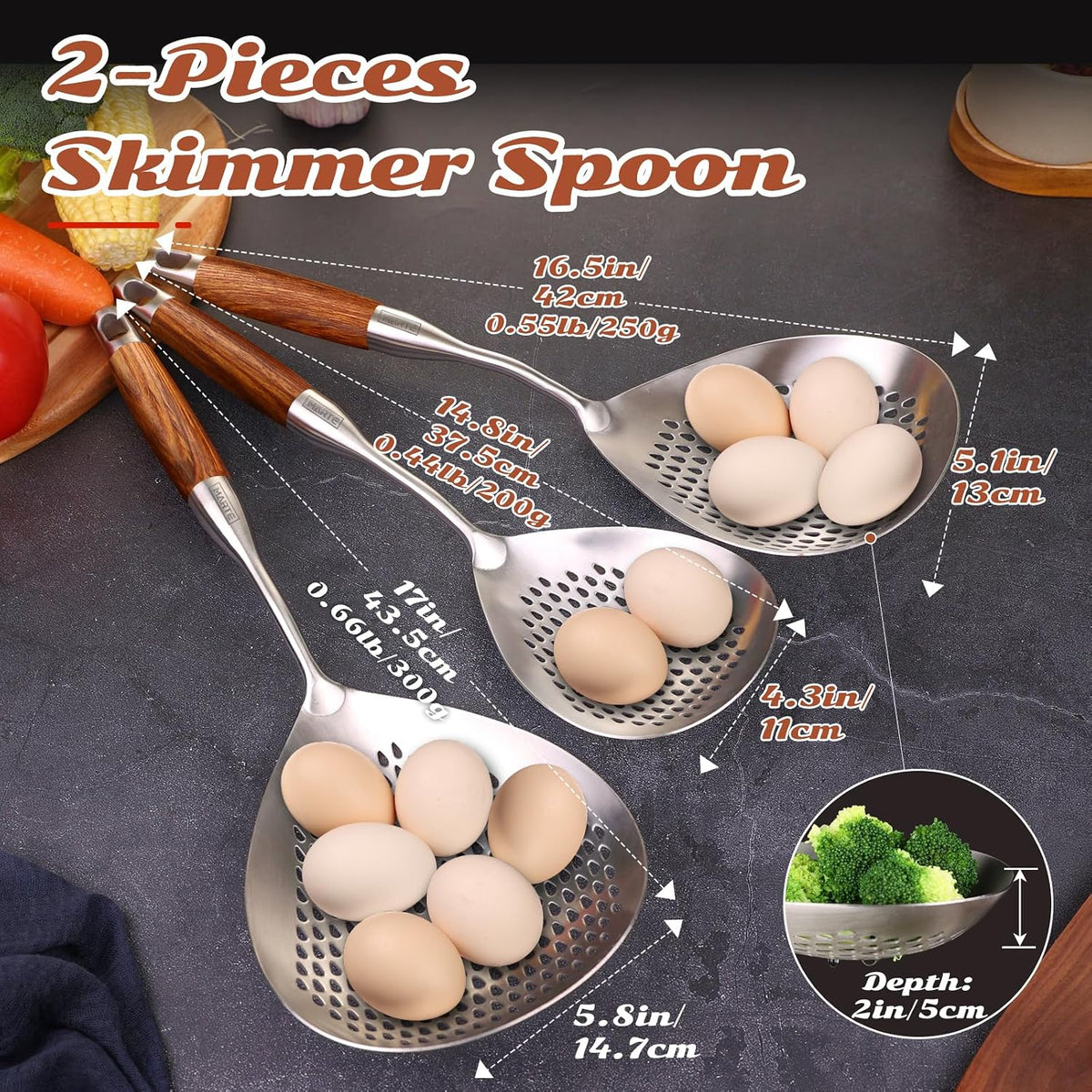 Skimmer Slotted Spoon Set of 4 - Kitchen Pasta Strainer Spoon - Spider Strainer Skimmer Ladle Spoon with Holder for Cooking and Frying Food, Spaghetti, Vegetable, Dumpling - 14.8In,16.5In,17In