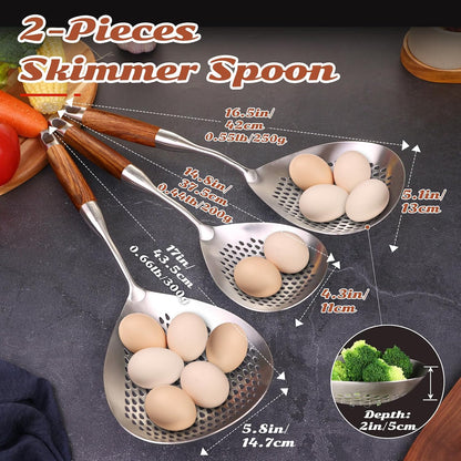 Skimmer Slotted Spoon Set of 4 - Kitchen Pasta Strainer Spoon - Spider Strainer Skimmer Ladle Spoon with Holder for Cooking and Frying Food, Spaghetti, Vegetable, Dumpling - 14.8In,16.5In,17In
