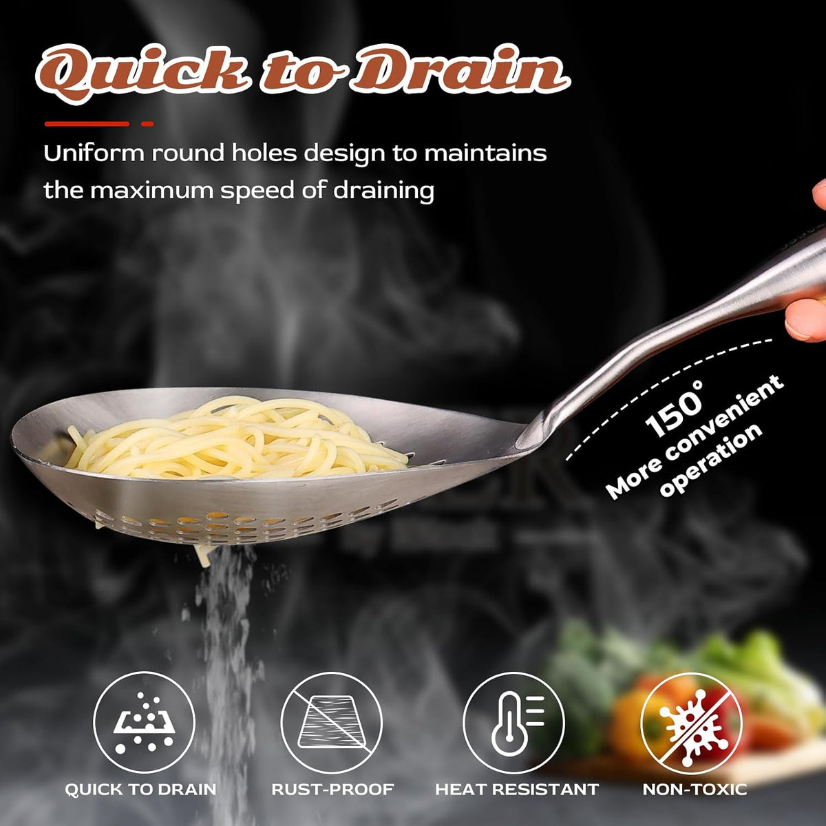 Skimmer Slotted Spoon Set of 4 - Kitchen Pasta Strainer Spoon - Spider Strainer Skimmer Ladle Spoon with Holder for Cooking and Frying Food, Spaghetti, Vegetable, Dumpling - 14.8In,16.5In,17In