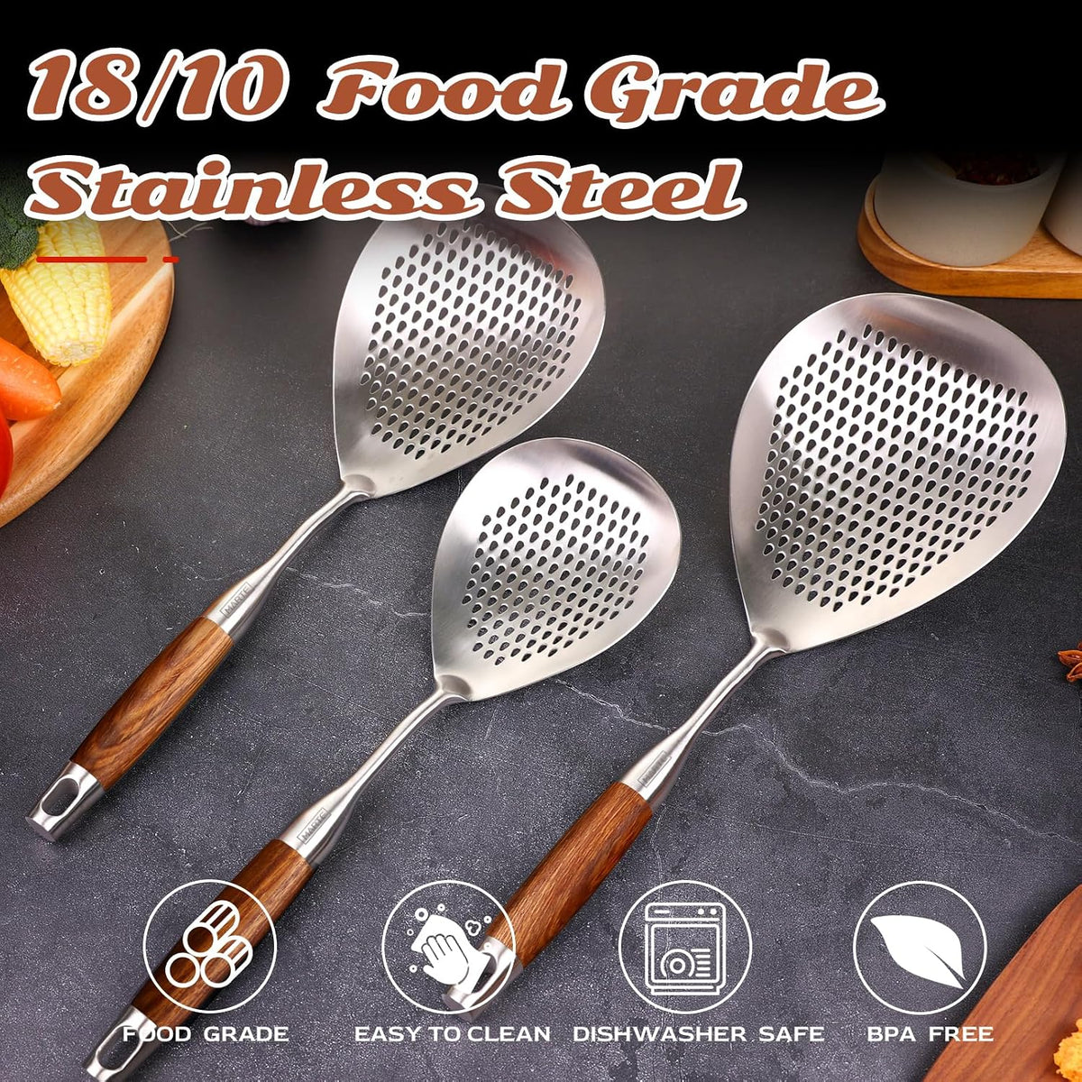 Skimmer Slotted Spoon Set of 4 - Kitchen Pasta Strainer Spoon - Spider Strainer Skimmer Ladle Spoon with Holder for Cooking and Frying Food, Spaghetti, Vegetable, Dumpling - 14.8In,16.5In,17In