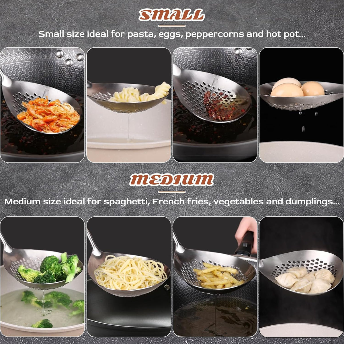Skimmer Slotted Spoon Set of 4 - Kitchen Pasta Strainer Spoon - Spider Strainer Skimmer Ladle Spoon with Holder for Cooking and Frying Food, Spaghetti, Vegetable, Dumpling - 14.8In,16.5In,17In