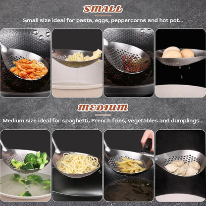 Skimmer Slotted Spoon Set of 4 - Kitchen Pasta Strainer Spoon - Spider Strainer Skimmer Ladle Spoon with Holder for Cooking and Frying Food, Spaghetti, Vegetable, Dumpling - 14.8In,16.5In,17In