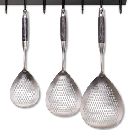Skimmer Slotted Spoon Set of 4 - Kitchen Pasta Strainer Spoon - Spider Strainer Skimmer Ladle Spoon with Holder for Cooking and Frying Food, Spaghetti, Vegetable, Dumpling - 14.8In,16.5In,17In