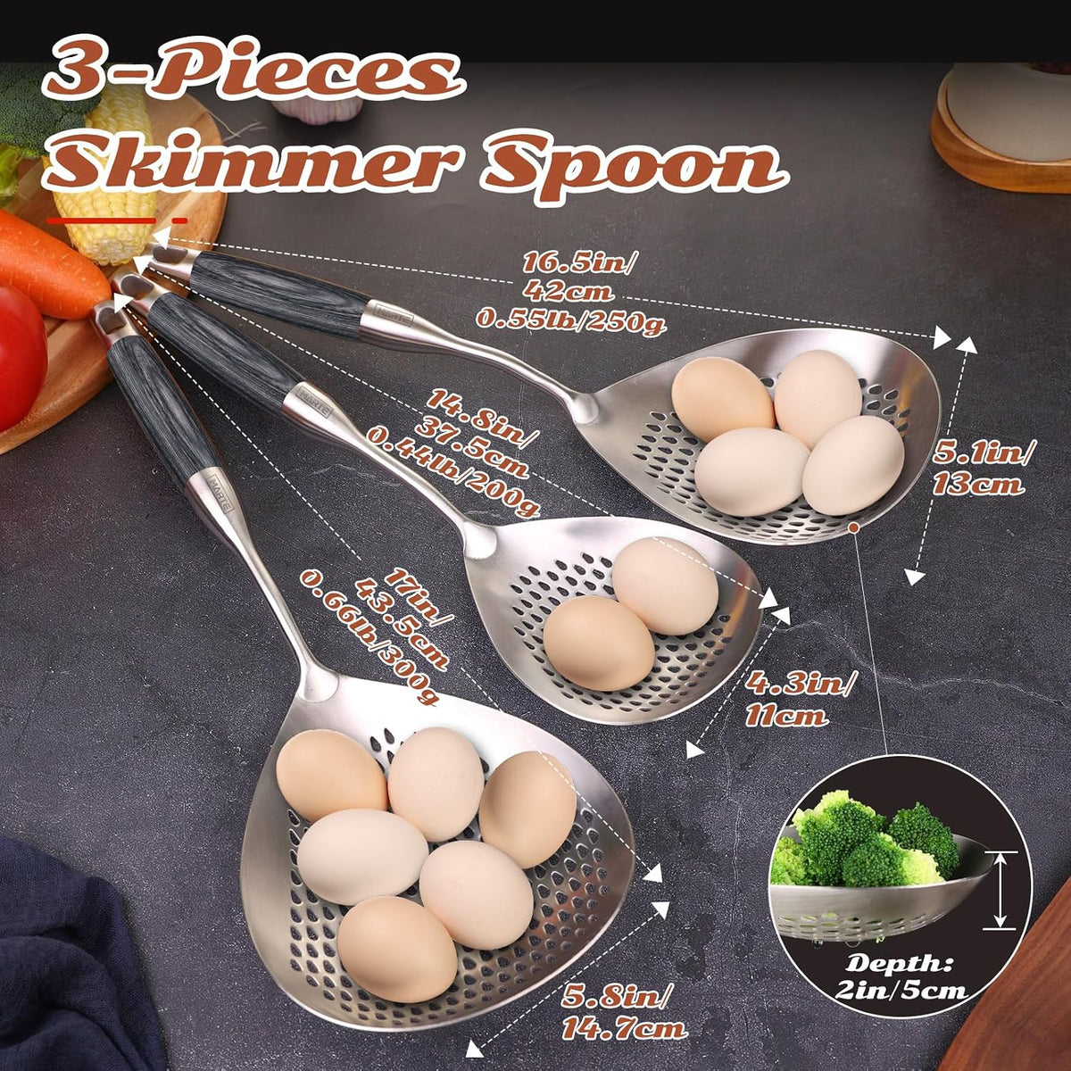 Skimmer Slotted Spoon Set of 4 - Kitchen Pasta Strainer Spoon - Spider Strainer Skimmer Ladle Spoon with Holder for Cooking and Frying Food, Spaghetti, Vegetable, Dumpling - 14.8In,16.5In,17In