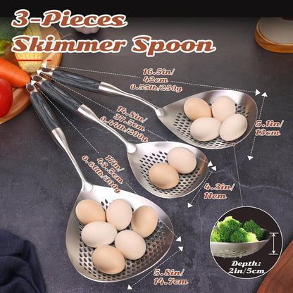 Skimmer Slotted Spoon Set of 4 - Kitchen Pasta Strainer Spoon - Spider Strainer Skimmer Ladle Spoon with Holder for Cooking and Frying Food, Spaghetti, Vegetable, Dumpling - 14.8In,16.5In,17In