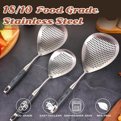 Skimmer Slotted Spoon Set of 4 - Kitchen Pasta Strainer Spoon - Spider Strainer Skimmer Ladle Spoon with Holder for Cooking and Frying Food, Spaghetti, Vegetable, Dumpling - 14.8In,16.5In,17In