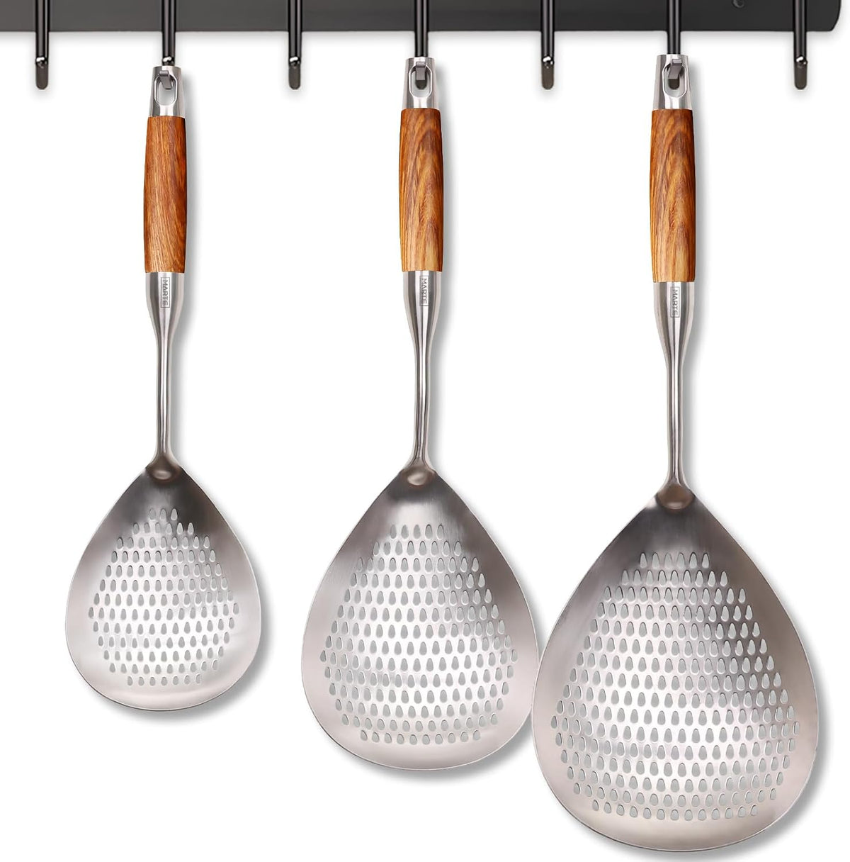 Skimmer Slotted Spoon Set of 4 - Kitchen Pasta Strainer Spoon - Spider Strainer Skimmer Ladle Spoon with Holder for Cooking and Frying Food, Spaghetti, Vegetable, Dumpling - 14.8In,16.5In,17In