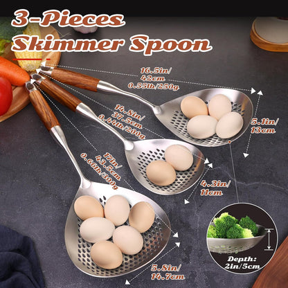 Skimmer Slotted Spoon Set of 4 - Kitchen Pasta Strainer Spoon - Spider Strainer Skimmer Ladle Spoon with Holder for Cooking and Frying Food, Spaghetti, Vegetable, Dumpling - 14.8In,16.5In,17In