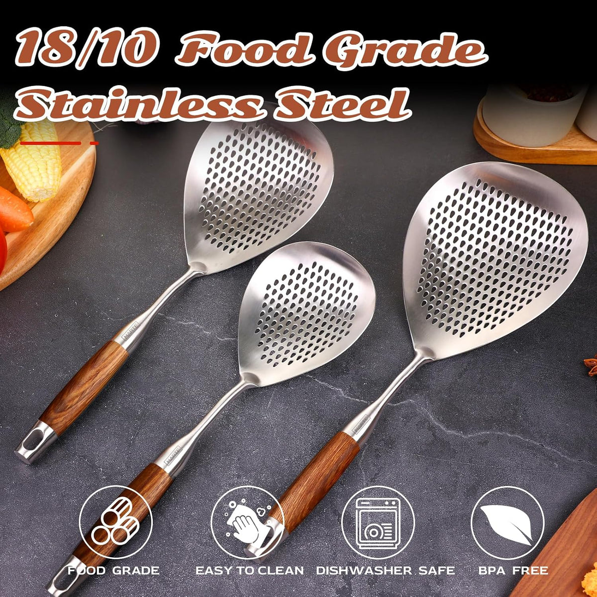 Skimmer Slotted Spoon Set of 4 - Kitchen Pasta Strainer Spoon - Spider Strainer Skimmer Ladle Spoon with Holder for Cooking and Frying Food, Spaghetti, Vegetable, Dumpling - 14.8In,16.5In,17In