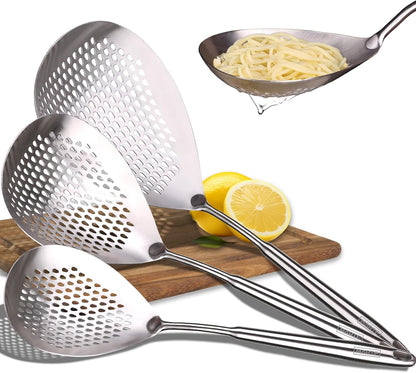 Skimmer Slotted Spoon Set of 4 - Kitchen Pasta Strainer Spoon - Spider Strainer Skimmer Ladle Spoon with Holder for Cooking and Frying Food, Spaghetti, Vegetable, Dumpling - 14.8In,16.5In,17In