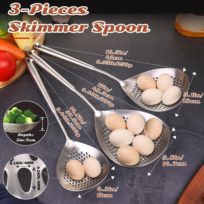 Skimmer Slotted Spoon Set of 4 - Kitchen Pasta Strainer Spoon - Spider Strainer Skimmer Ladle Spoon with Holder for Cooking and Frying Food, Spaghetti, Vegetable, Dumpling - 14.8In,16.5In,17In