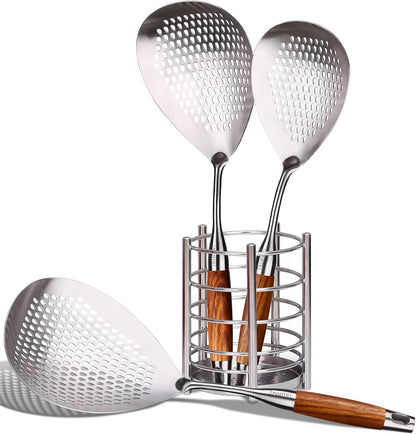 Skimmer Slotted Spoon Set of 4 - Kitchen Pasta Strainer Spoon - Spider Strainer Skimmer Ladle Spoon with Holder for Cooking and Frying Food, Spaghetti, Vegetable, Dumpling - 14.8In,16.5In,17In