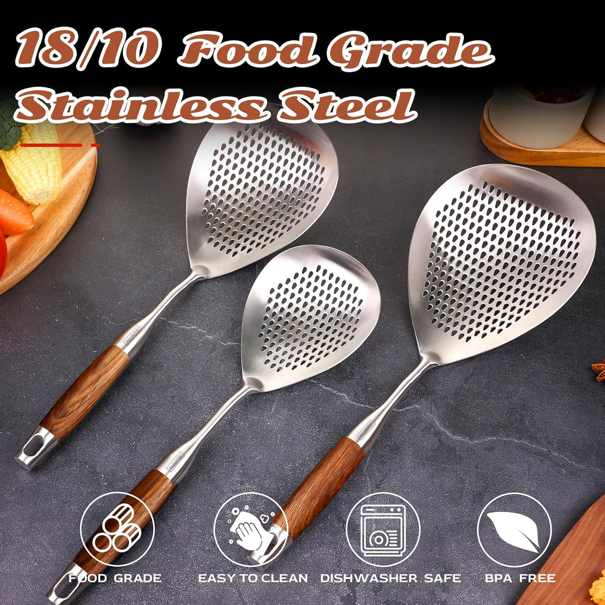 Skimmer Slotted Spoon Set of 4 - Kitchen Pasta Strainer Spoon - Spider Strainer Skimmer Ladle Spoon with Holder for Cooking and Frying Food, Spaghetti, Vegetable, Dumpling - 14.8In,16.5In,17In