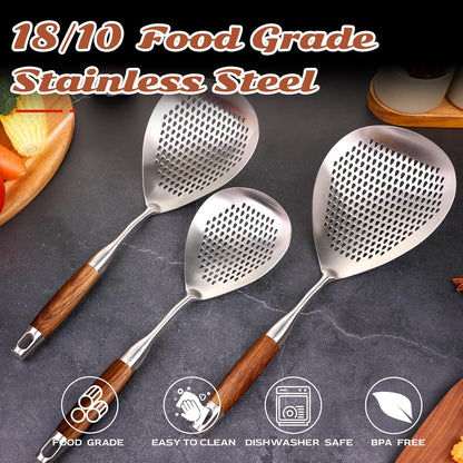 Skimmer Slotted Spoon Set of 4 - Kitchen Pasta Strainer Spoon - Spider Strainer Skimmer Ladle Spoon with Holder for Cooking and Frying Food, Spaghetti, Vegetable, Dumpling - 14.8In,16.5In,17In