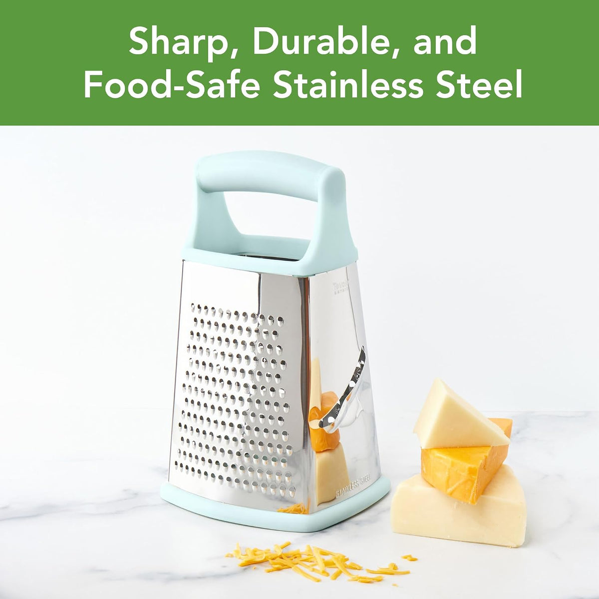 Box Grater 4 Sided Large Stainless Steel Cheese Grater for Shredding Vegetables and Zesting, Easy to Clean Dishwasher Safe Box Grater with Ergonomic Handle and Non Slip Base, Blue Haze