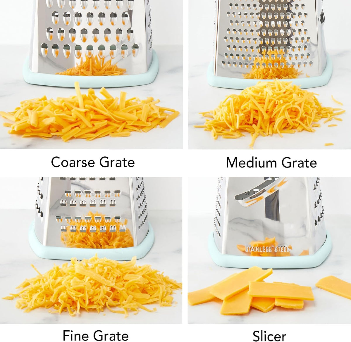 Box Grater 4 Sided Large Stainless Steel Cheese Grater for Shredding Vegetables and Zesting, Easy to Clean Dishwasher Safe Box Grater with Ergonomic Handle and Non Slip Base, Blue Haze
