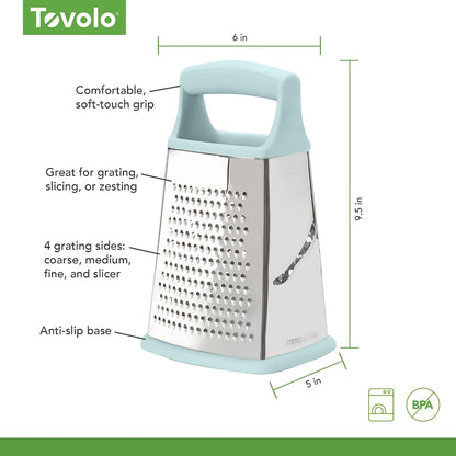 Box Grater 4 Sided Large Stainless Steel Cheese Grater for Shredding Vegetables and Zesting, Easy to Clean Dishwasher Safe Box Grater with Ergonomic Handle and Non Slip Base, Blue Haze
