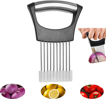 Onion slicer, lemon slicer, stainless steel onion cutter for slicing potatoes, onions, tomatoes, eggs, fruits, vegetables and meat, with protective cover (1)