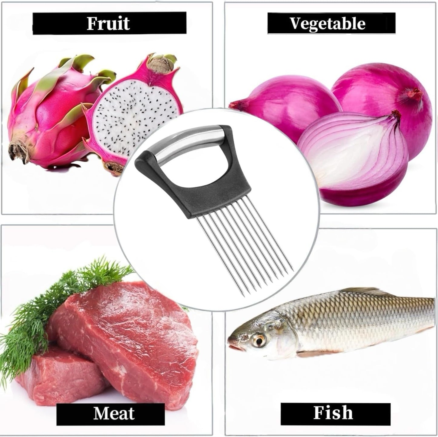 Onion slicer, lemon slicer, stainless steel onion cutter for slicing potatoes, onions, tomatoes, eggs, fruits, vegetables and meat, with protective cover (1)