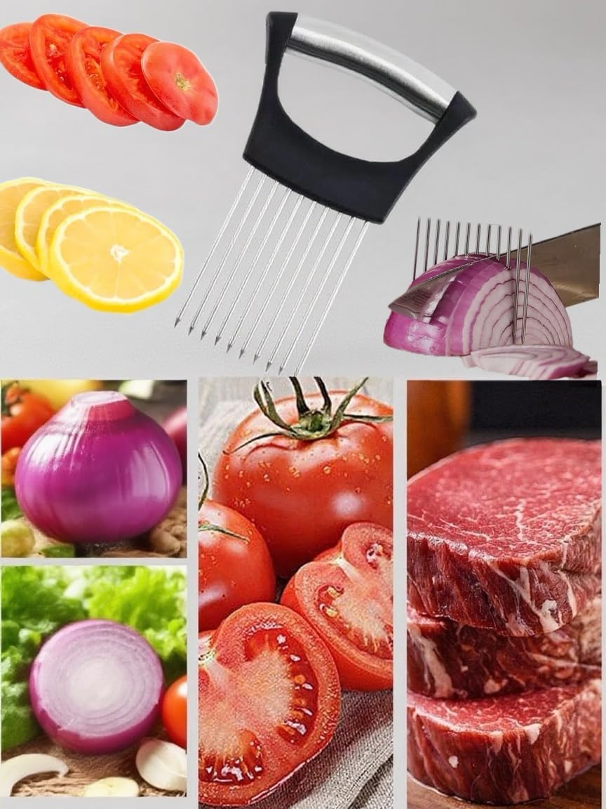 Onion slicer, lemon slicer, stainless steel onion cutter for slicing potatoes, onions, tomatoes, eggs, fruits, vegetables and meat, with protective cover (1)