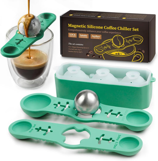 Espresso Cooling Ball Set for Morning Brew & Home Bar - Rapidly Chills Espresso Without Dilution, with Magnetic Measuring Spoons & Silicone Ice Tray, for Coffee, Cocktails & Whiskey (Green)