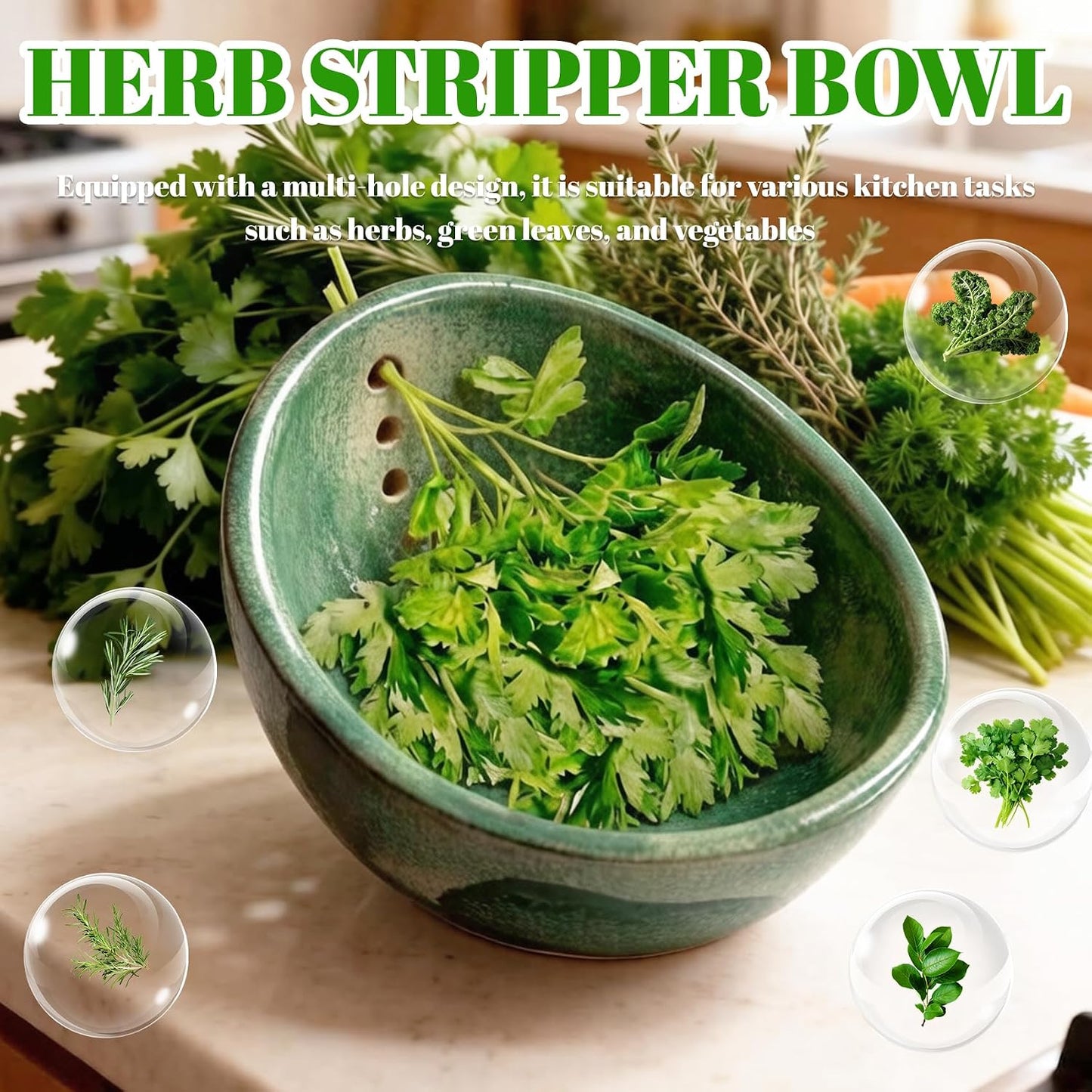 Herb Stripper, 4-Hole Design Pottery Herb Stripper | Handmade Ceramic Herb Stripper Bowl for Removing Leaves and Stems in the Kitchen (Blue Glaze)