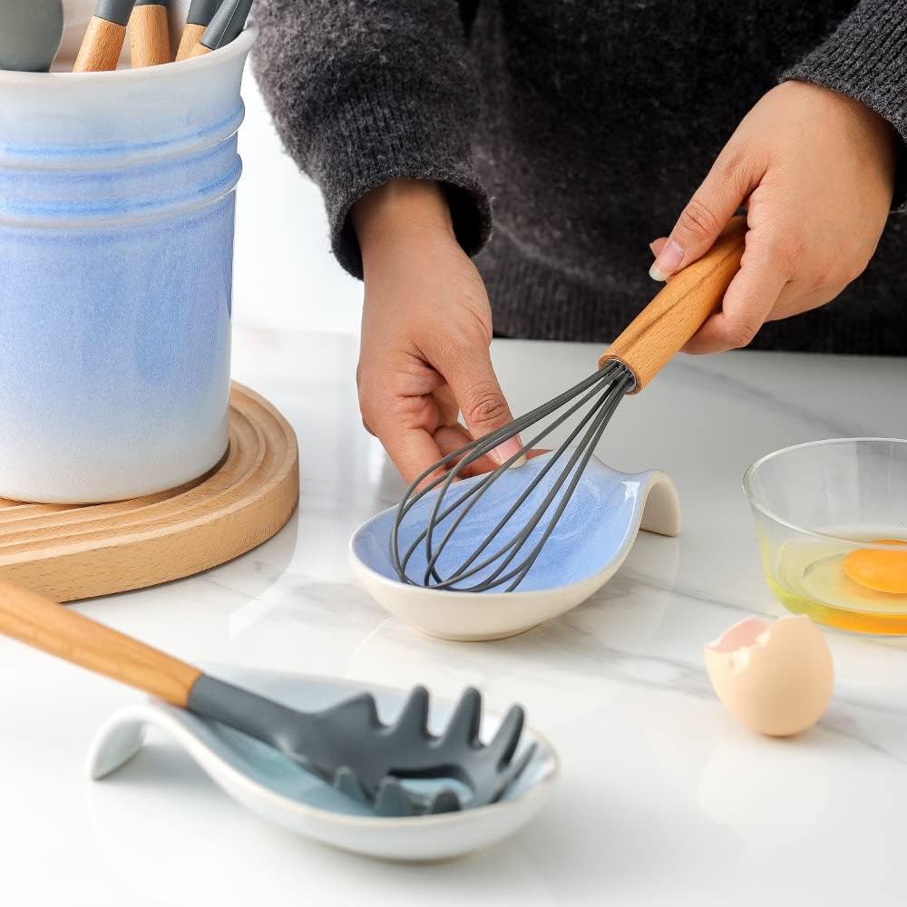 Ceramic Spoon Rest for Stove Top/Kitchen Counter, Blue & White | Keep counter clean & oil-free,Heat-resistant ceramic,Catch soup drips,easy to clean,Dishwasher safe,Decorative kitchen decor