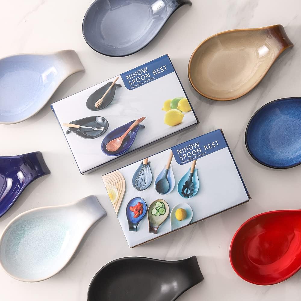 Ceramic Spoon Rest for Stove Top/Kitchen Counter, Blue & White | Keep counter clean & oil-free,Heat-resistant ceramic,Catch soup drips,easy to clean,Dishwasher safe,Decorative kitchen decor