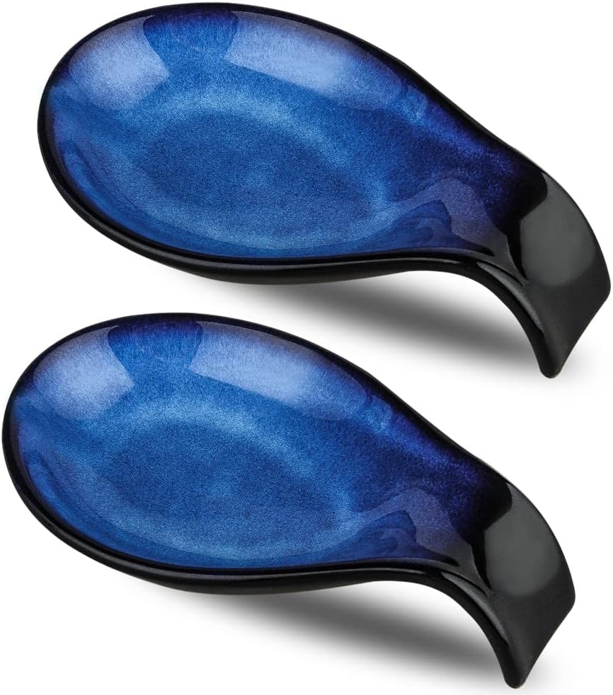 Ceramic Spoon Rest for Stove Top/Kitchen Counter, Blue & White | Keep counter clean & oil-free,Heat-resistant ceramic,Catch soup drips,easy to clean,Dishwasher safe,Decorative kitchen decor