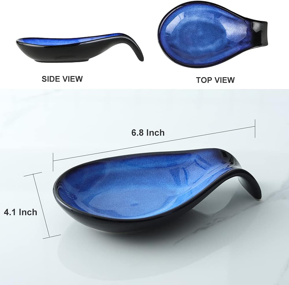 Ceramic Spoon Rest for Stove Top/Kitchen Counter, Blue & White | Keep counter clean & oil-free,Heat-resistant ceramic,Catch soup drips,easy to clean,Dishwasher safe,Decorative kitchen decor