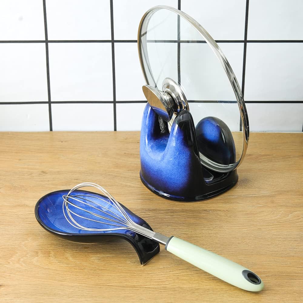 Ceramic Spoon Rest for Stove Top/Kitchen Counter, Blue & White | Keep counter clean & oil-free,Heat-resistant ceramic,Catch soup drips,easy to clean,Dishwasher safe,Decorative kitchen decor