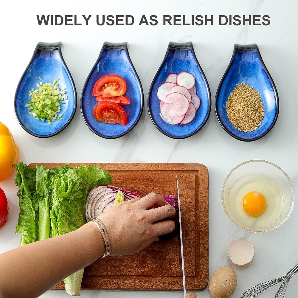 Ceramic Spoon Rest for Stove Top/Kitchen Counter, Blue & White | Keep counter clean & oil-free,Heat-resistant ceramic,Catch soup drips,easy to clean,Dishwasher safe,Decorative kitchen decor