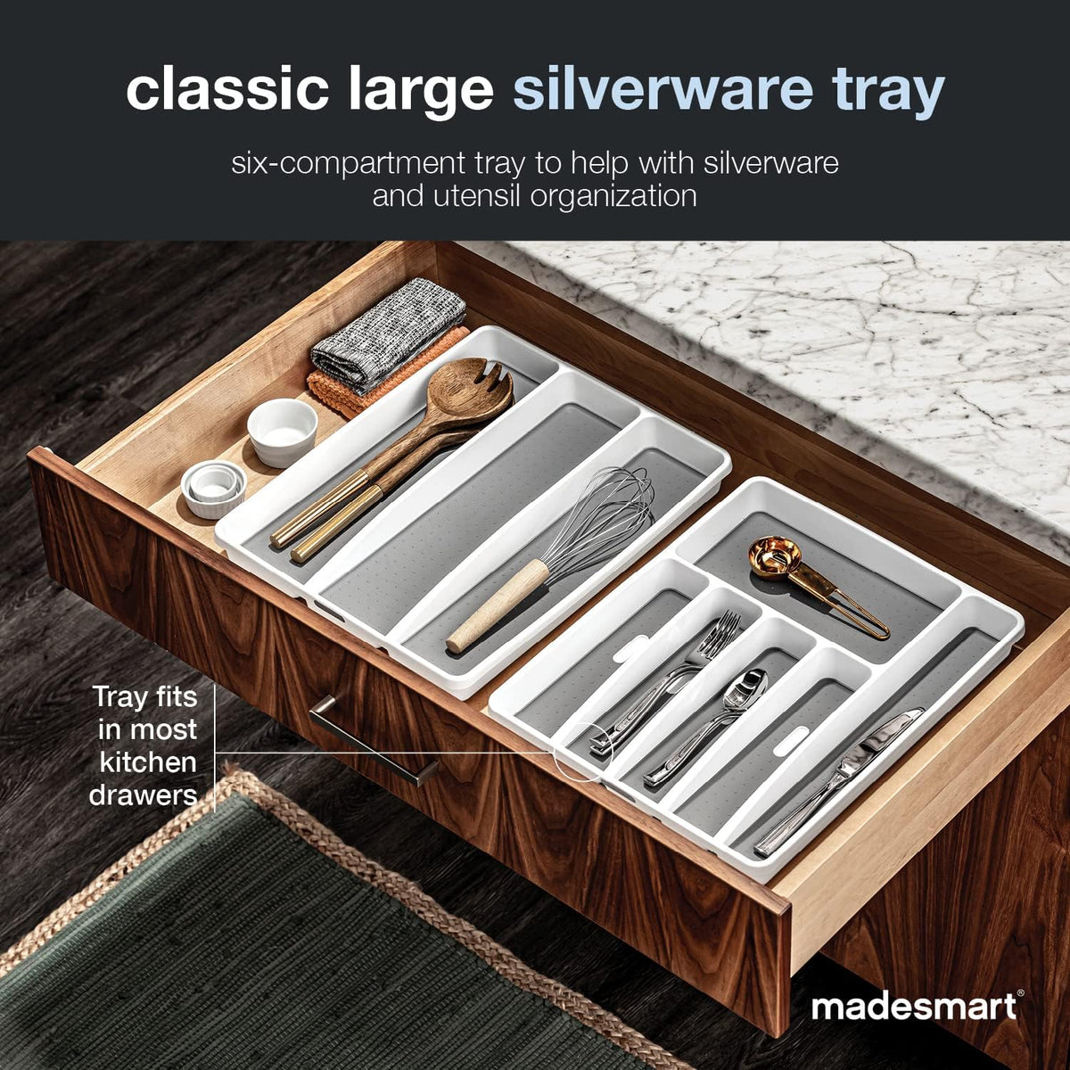 Classic Large Silverware Tray - White |CLASSIC COLLECTION | 6-Compartments| Kitchen Drawer Organizer | Soft-Grip Lining and Non-Slip Rubber Feet | BPA-Free