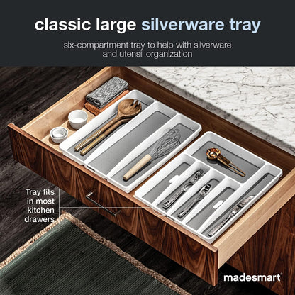 Classic Large Silverware Tray - White |CLASSIC COLLECTION | 6-Compartments| Kitchen Drawer Organizer | Soft-Grip Lining and Non-Slip Rubber Feet | BPA-Free