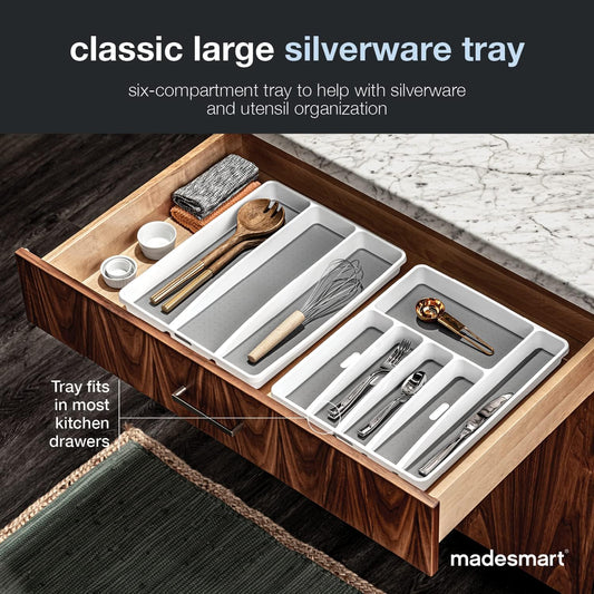 Classic Large Silverware Tray - White |CLASSIC COLLECTION | 6-Compartments| Kitchen Drawer Organizer | Soft-Grip Lining and Non-Slip Rubber Feet | BPA-Free