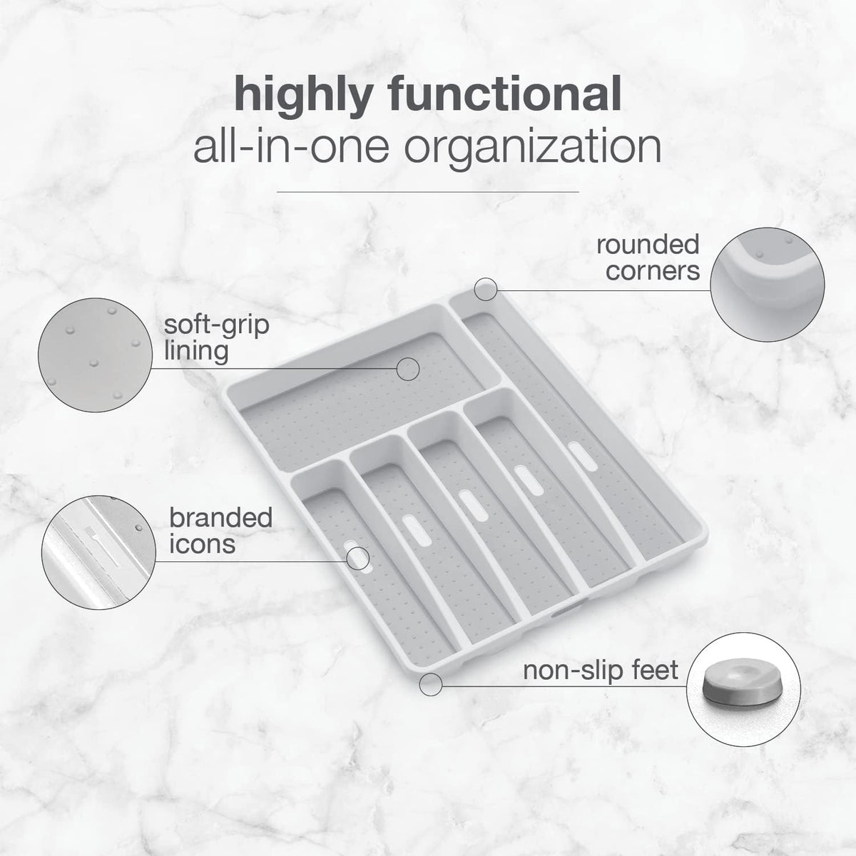 Classic Large Silverware Tray - White |CLASSIC COLLECTION | 6-Compartments| Kitchen Drawer Organizer | Soft-Grip Lining and Non-Slip Rubber Feet | BPA-Free