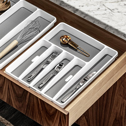 Classic Large Silverware Tray - White |CLASSIC COLLECTION | 6-Compartments| Kitchen Drawer Organizer | Soft-Grip Lining and Non-Slip Rubber Feet | BPA-Free