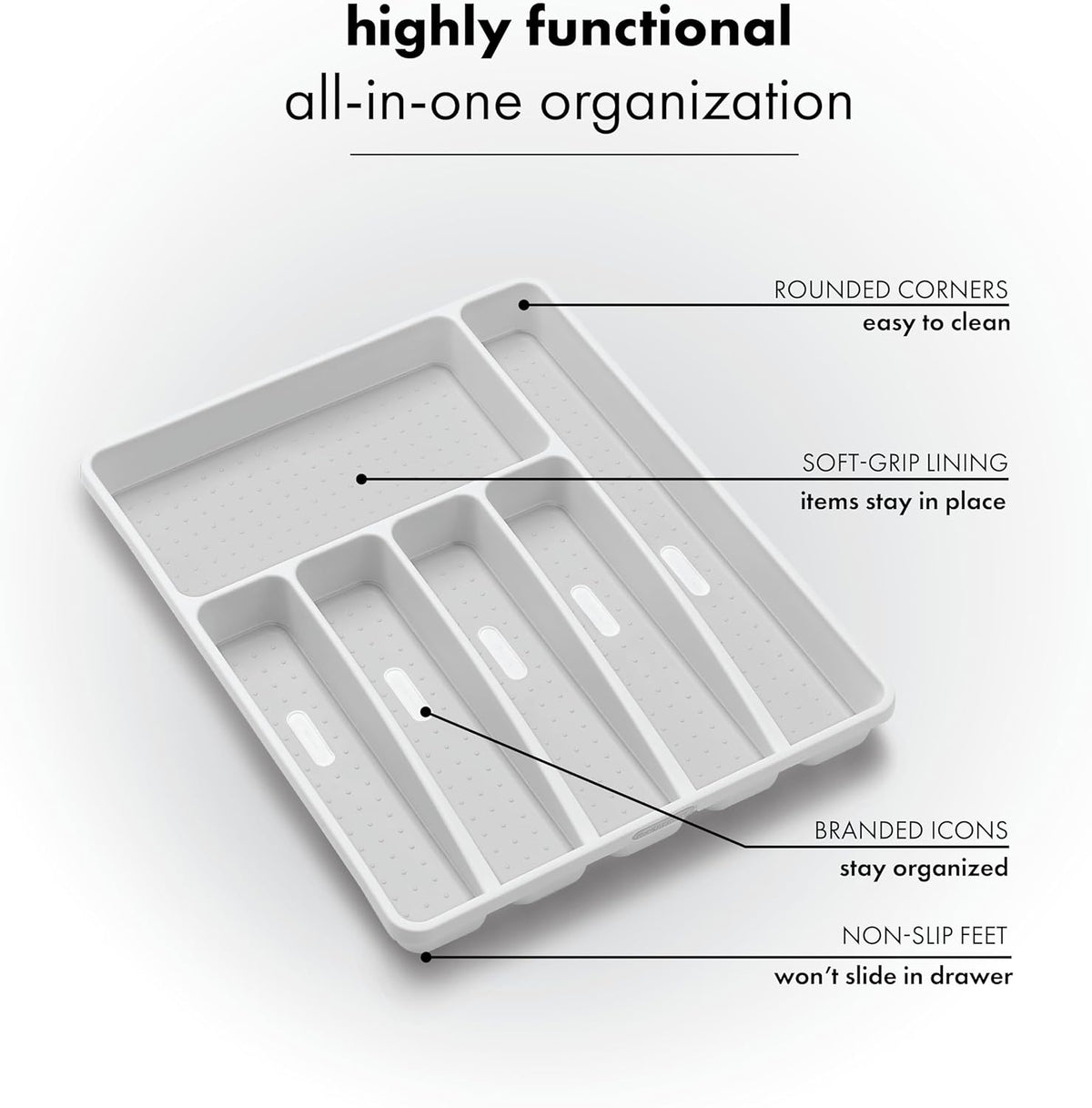 Classic Large Silverware Tray - White |CLASSIC COLLECTION | 6-Compartments| Kitchen Drawer Organizer | Soft-Grip Lining and Non-Slip Rubber Feet | BPA-Free