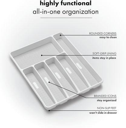 Classic Large Silverware Tray - White |CLASSIC COLLECTION | 6-Compartments| Kitchen Drawer Organizer | Soft-Grip Lining and Non-Slip Rubber Feet | BPA-Free