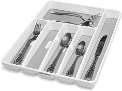 Classic Large Silverware Tray - White |CLASSIC COLLECTION | 6-Compartments| Kitchen Drawer Organizer | Soft-Grip Lining and Non-Slip Rubber Feet | BPA-Free