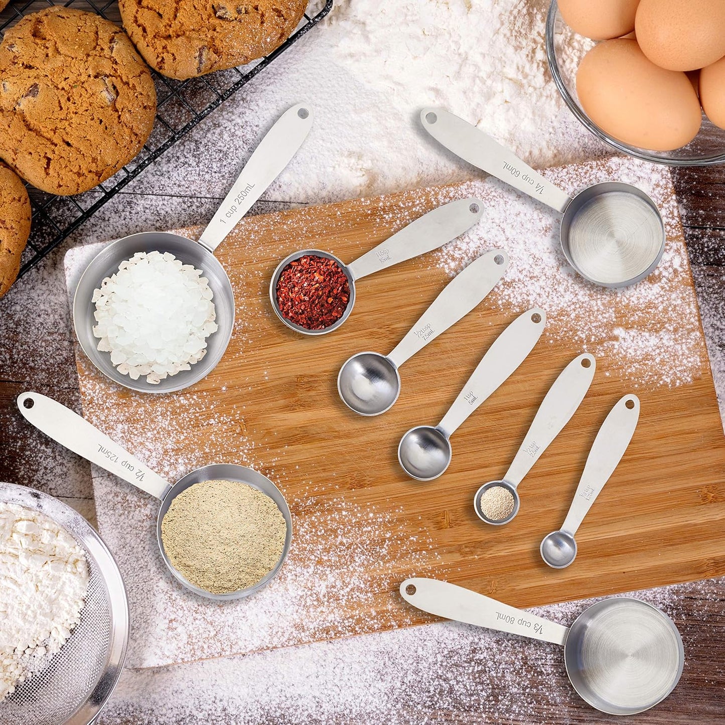 Measuring Cups and Spoons Set, 9-Piece Stainless Steel Kitchen Measuring Set with Engraved Measurements, Nesting Design with Rings for Easy Storage