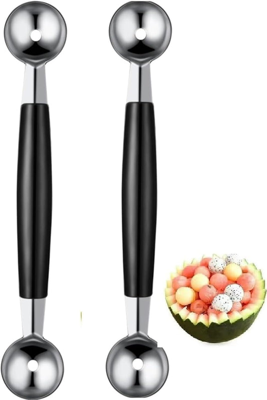 2Pcs Double-Sided Fruit Melon Baller Spoon 2 in 1 Stainless Steel Melon Ballers Melon Scoop for Watermelon Ice Cream Kitchen Utensils