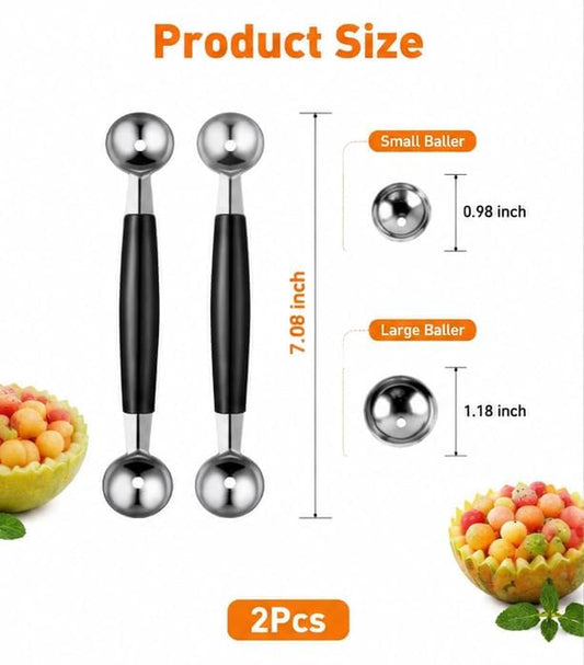 2Pcs Double-Sided Fruit Melon Baller Spoon 2 in 1 Stainless Steel Melon Ballers Melon Scoop for Watermelon Ice Cream Kitchen Utensils