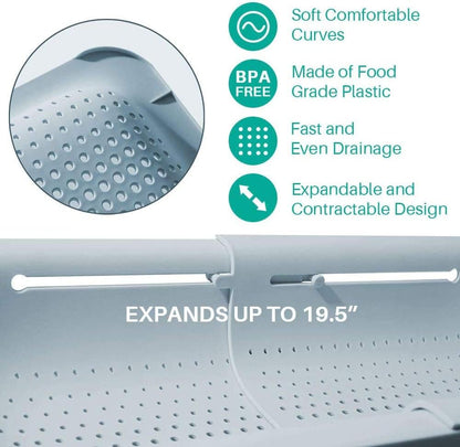 Extendable Strainer Basket Over the Sink Colander Vegetables Noodle Pasta Food Drain Basket Space Saver Portable Drainer (Grey)