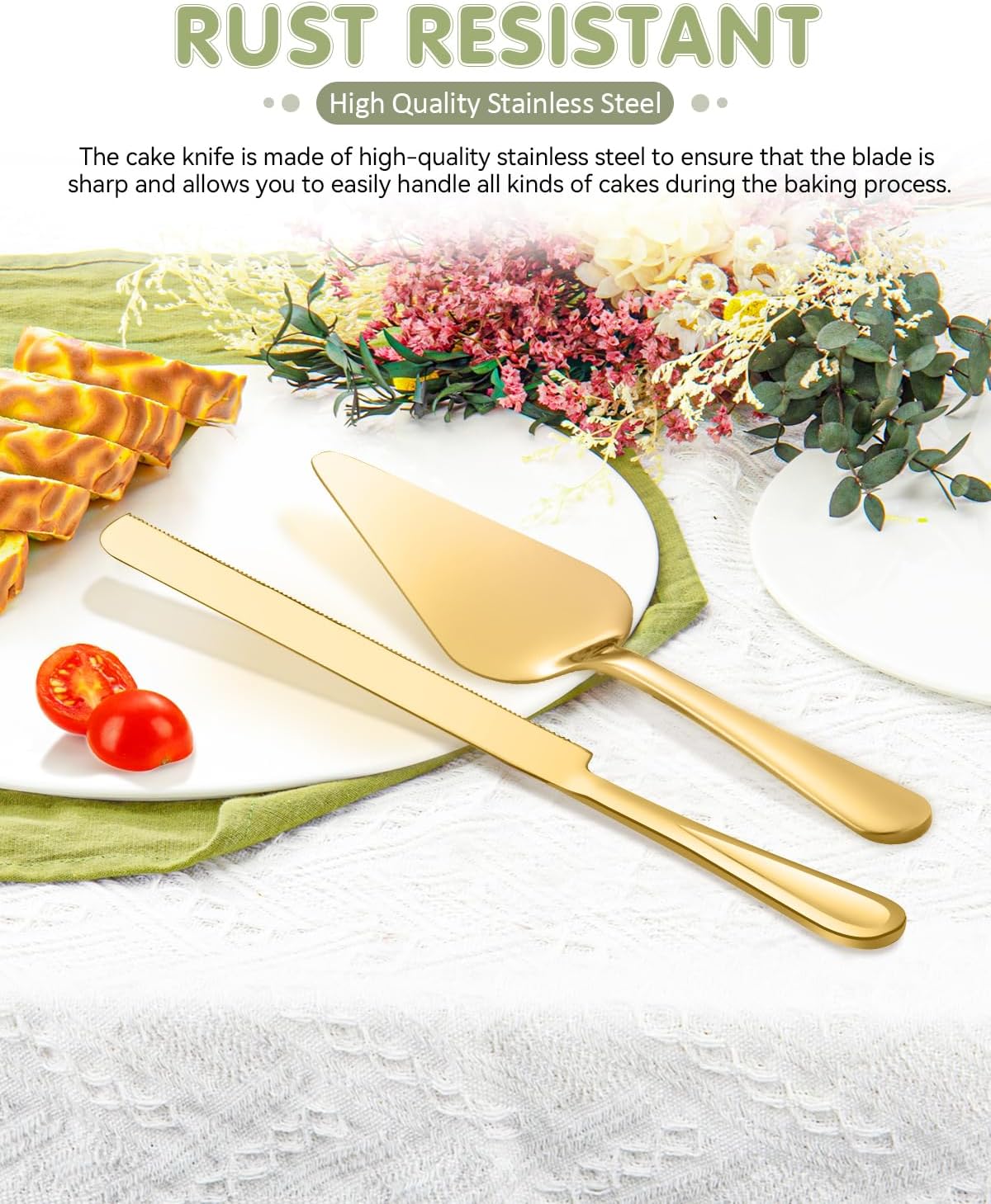 13-Inch Premium Cake Cutting Set for wedding，Exquisite Cake Knife and Server Set with Serrated Design, Ideal for Pastries, Pies, and Desserts (Gold)