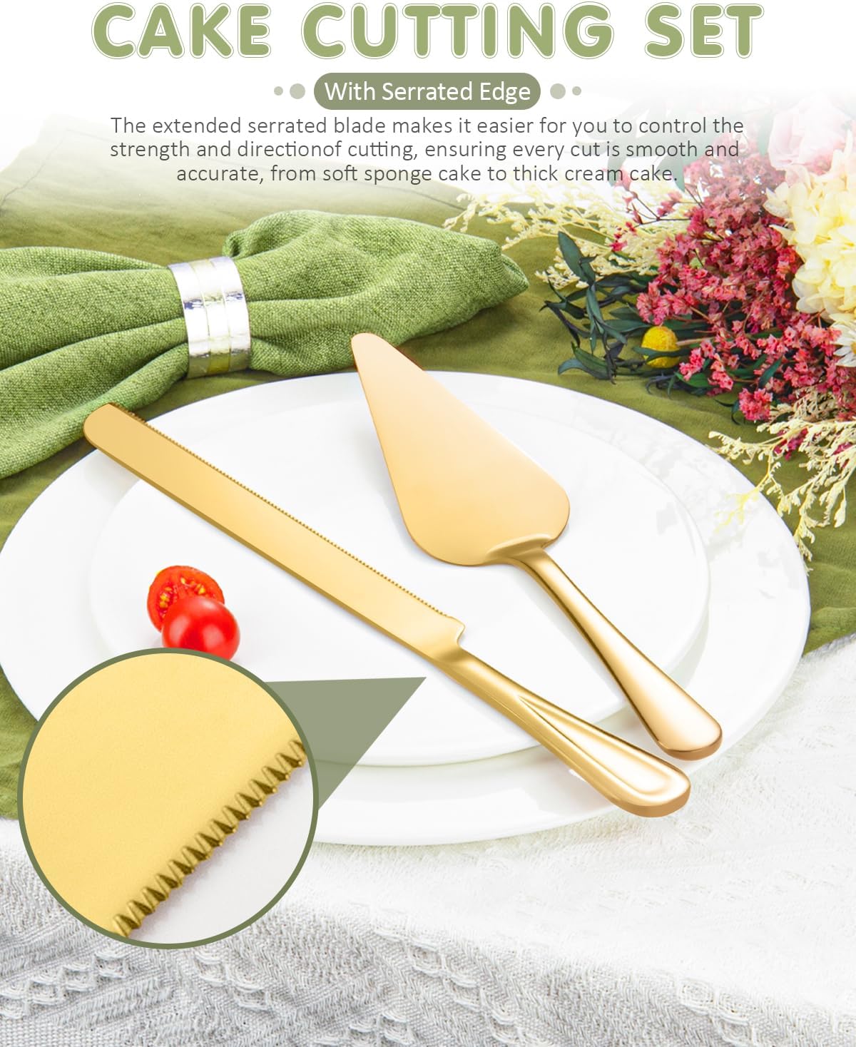 13-Inch Premium Cake Cutting Set for wedding，Exquisite Cake Knife and Server Set with Serrated Design, Ideal for Pastries, Pies, and Desserts (Gold)