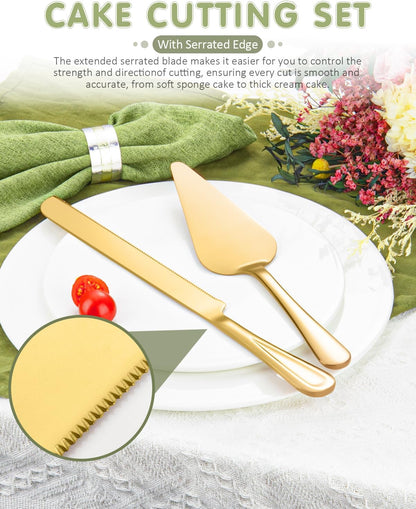13-Inch Premium Cake Cutting Set for wedding，Exquisite Cake Knife and Server Set with Serrated Design, Ideal for Pastries, Pies, and Desserts (Gold)