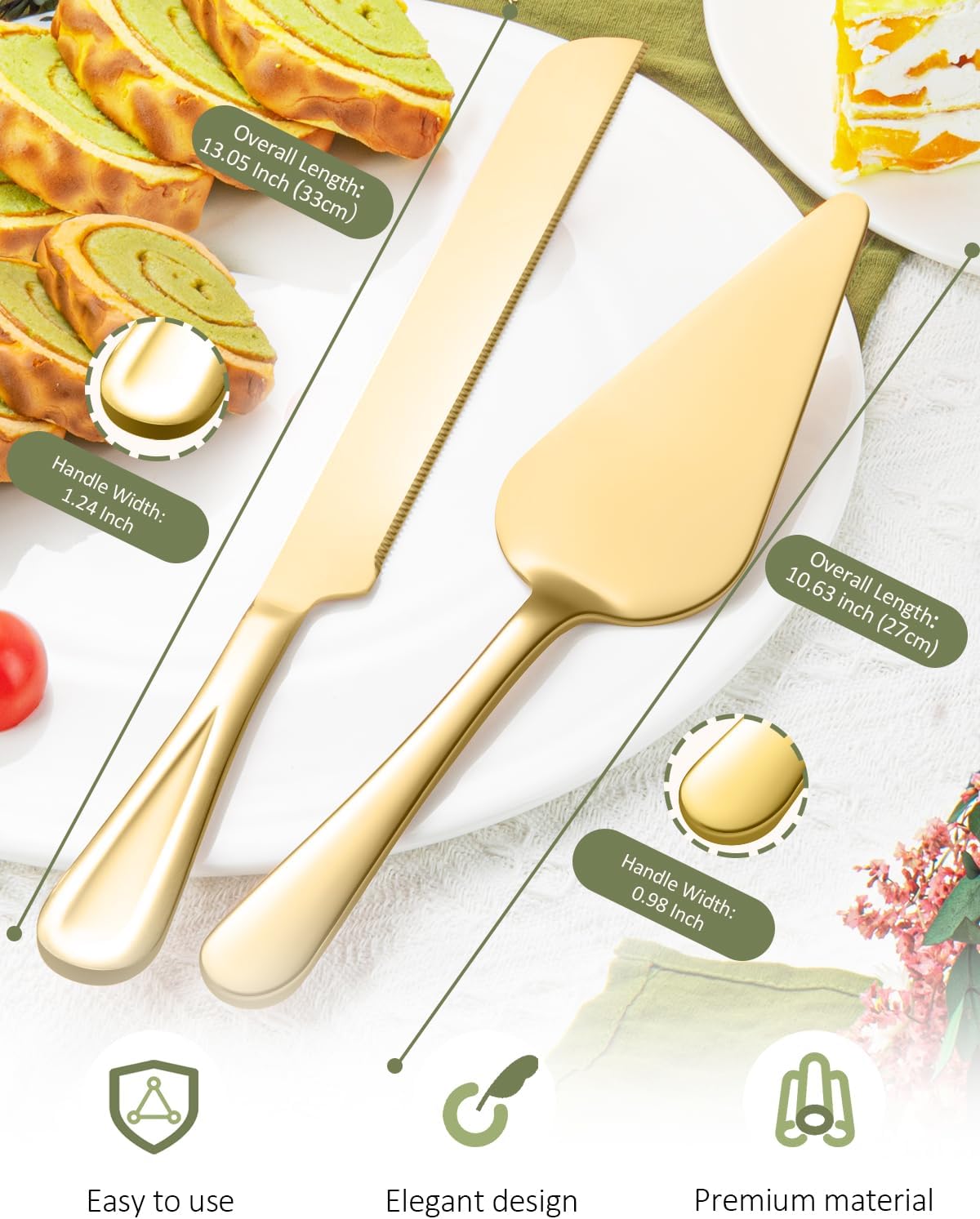 13-Inch Premium Cake Cutting Set for wedding，Exquisite Cake Knife and Server Set with Serrated Design, Ideal for Pastries, Pies, and Desserts (Gold)