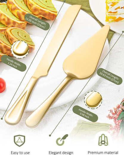 13-Inch Premium Cake Cutting Set for wedding，Exquisite Cake Knife and Server Set with Serrated Design, Ideal for Pastries, Pies, and Desserts (Gold)